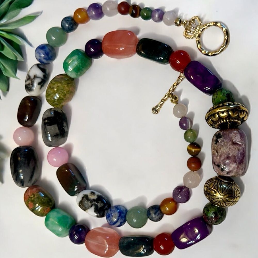Handmade One of a Kind 20” Gen GemStone Necklace Jade,Carnelian,Amethyst 18KGP